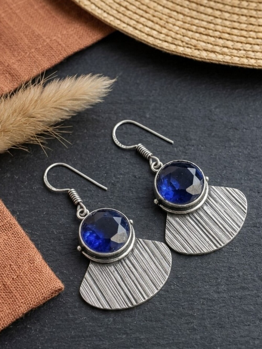 925 Sterling Silver Tanzanite Blue Crystal Drop Earrings Artisan Boho  1.8"